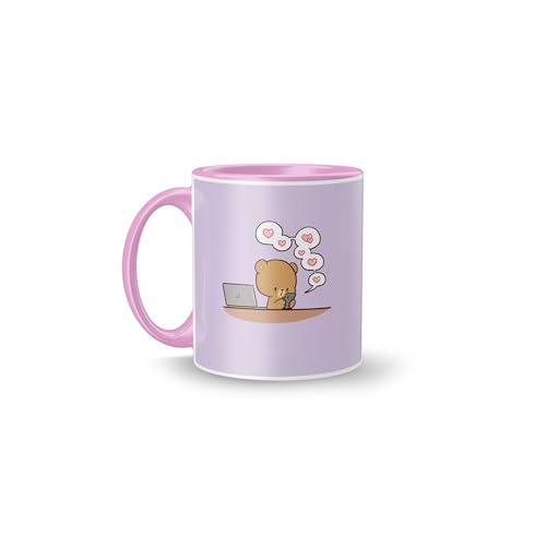 MUGKIN Special Milk and Mocha Bear Printed Coffee Mug Inner & Handel Pink Coloured Ceramic Mug 350 ml,(Pack of 1 Mug) Gift for Couple,Friends,Kids,Birthday… (Mocha*24-Pink71)