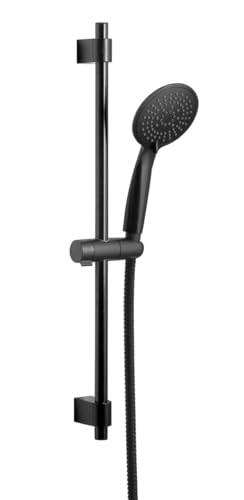 WENKO Set de ducha Young, barra de ducha de acero inoxidable con moderno cabezal con 5 tipos de chorro y flexo de ducha, apto para calentadores de agua, conexión universal de ½', 66 cm, negro mate