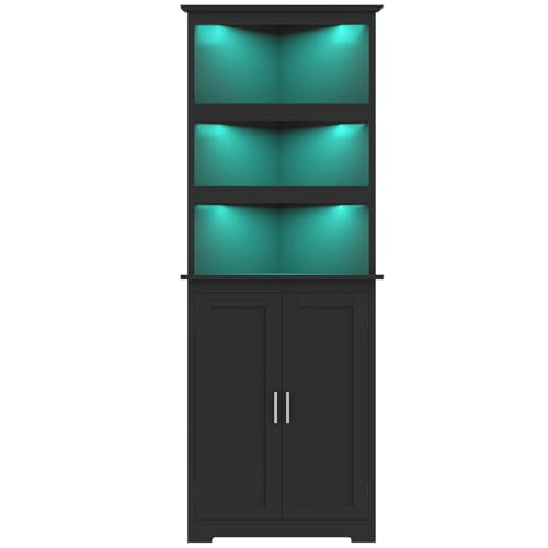 Image of TEENFON Corner Cabinet, Tall Corner Hutch with 5 Shelves & 2 Doors, Bathroom Cabinet with Adjustable Shelf, for Living Room, Kitchen, Bathroom, Black