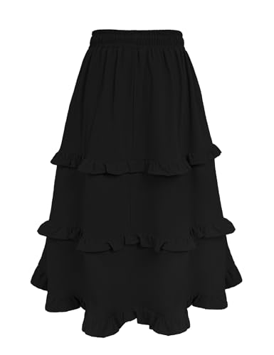 Image of Girls High Waisted Ruffle Maxi Skirt Soft Cotton Long Skirts with Elastic Waistband for Kid Girl 3-12 Years