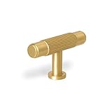 SALISENG - 6 Pack Brushed Gold Drawer Knobs, Solid Brass Dresser Kitchen Bathroom Cabinet Pulls, 2.08 Inch T Bar Handles Furniture Hardware for Cupboard Closet