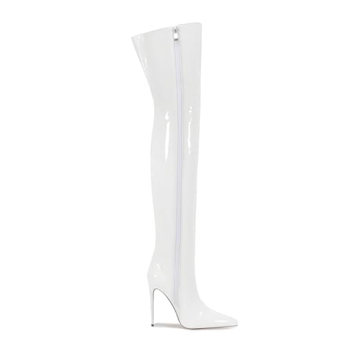Image of Thigh high boots for women striped Back zipper Burgundy Zebra Print Over the knee Sexy gold white pointed toe Cow Print leopard Magenta stiletto heel