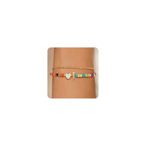 Image of Eaciy Colorful Initial Bracelets for Women Girls - 14K Gold Plated Heart Initial Letter Daint A-Z Charm Bracelet Summer Jewelry Teen Girl Gifts for Teen Kids