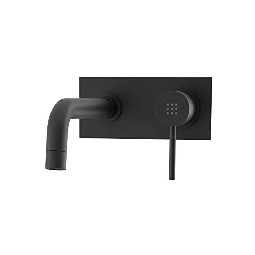 Rubinetto per il Bagno Miscelatore Monocomando per Lavabo ad Incasso interamente in Ottone con finitura a Muro Nero Opaco Design Tondeggiante Moderno per Scarico Automatico modello Ava