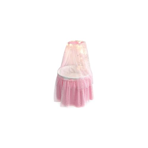 HomeStock Treats Round Doll Bassinet with Lights - Pink/White Stars, Cozy Padded Bed, Whimsical Tulle Canopy, and Rolling Wheels for Dolls Up to 18 Inches