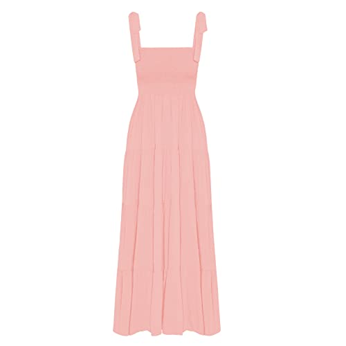 Image of kinstell Women's Summer Boho Spaghetti Strap Square Neck Ruffle Casual Flowy Long Dress Beach Swing Party Maxi Dress