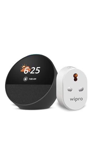 Image of All-new Echo Spot, Smart alarm clock with vibrant sound + Alexa, Black combo with Wipro 16A Smart Plug