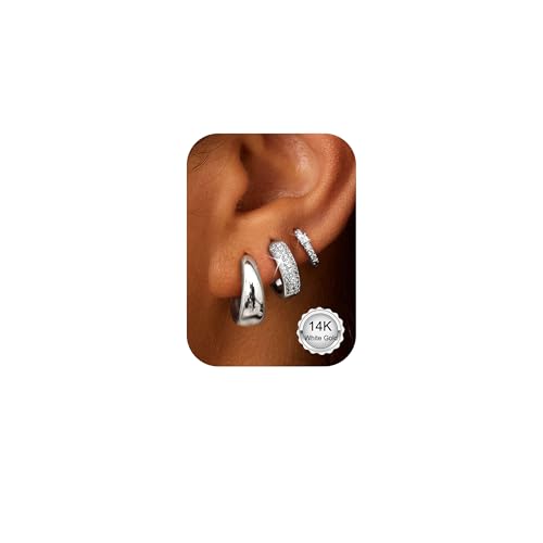 ORAZIO Small Chunky Hoop Earrings for Women, Hypoallergenic Non Tarnish Silver Huggie Earring Stacks Set for Sensitive Ears, Multiple Piercing Jewelry, Lightweight, Classic 14K Gold Plated, 3 Pairs