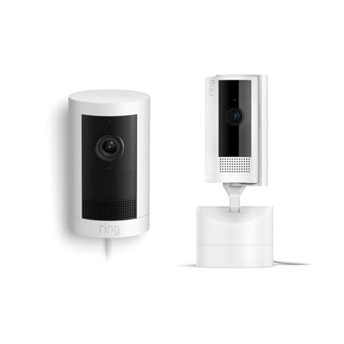 All-new Ring Outdoor Cam Plus Plug-In, White with Ring Pan-Tilt Indoor Cam, White