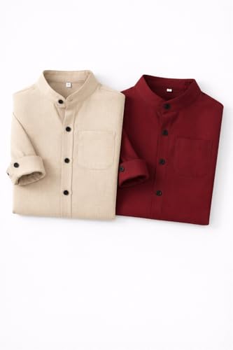 Image of Boys Mandarin Collar Shirt with Chest Pocket Beige and Rama Blue Color, Long Sleeve Button-Down Casual Shirt Pack of 2