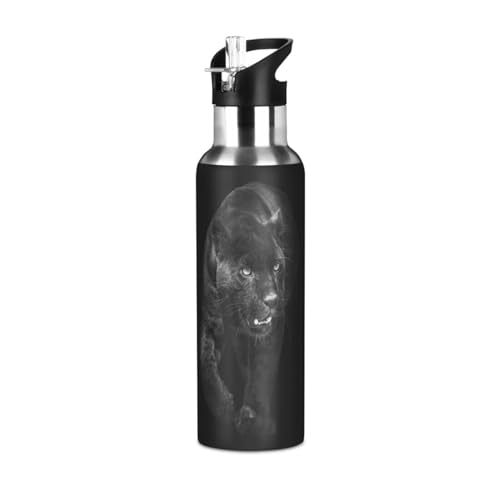 Bouteille d'eau de 591 ml avec paille Black Panther in The Dark en acier inoxydable pour voyage, sport, bouteille d'eau isolée étanche
