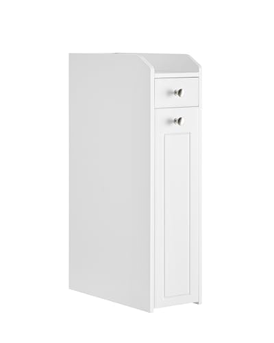 VASAGLE Armario de Baño, Armario Estrecho, Armario de Pie, Portarrollos de Papel Higiénico, con Cajones, para Espacios Pequeños, Blanco BBC847P31