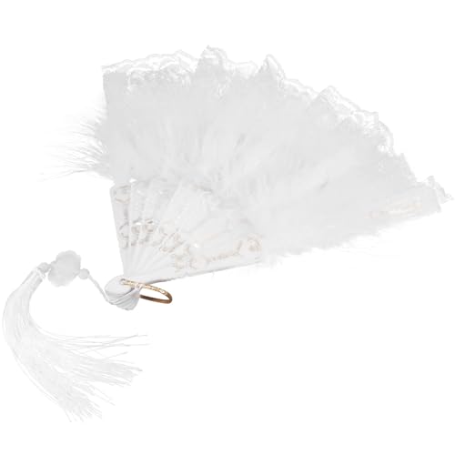 MUSISALY Abanico Plegable Vintage de Mano Encaje Blanco y Plumas Dobles Abanico Decorativo Borla para Disfraces Fiestas y Accesorios de Actuación para Cosplay
