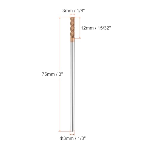 Image of HARFINGTON Micro Grain Carbide Square End Mill 1 /8 inch x 15 /32 inch (3mm x 12mm) Cut 1 /8 inch (3mm) Shank 3 inch (75mm) Length AlTiN Coated 4 Flutes Square Nose Cutter for Alloy Steel Hardened Steel