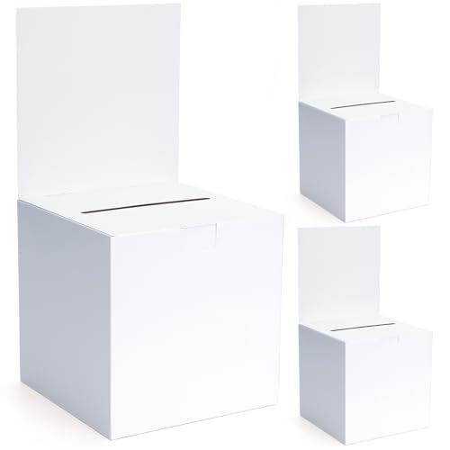 3 Pcs Cardboard Ballot Box, 5.9 x 5.9 x 11.8 Inch Suggestion Boxes with Slot, Cardboard Donation Box for Fundraising, White Glossy Raffle Boxes with Removable Header for Collecting Card Voting Contest