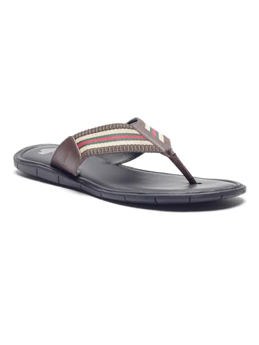 Image of Gabicci Mens Thong Slipper, Slip On Entry, (Size 40-45), Top Grain Leather, Casual Lounging Slipper, TPR Sole, Flat Heel, Sandy Trim Toe Post
