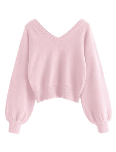 Image of ZAFUL Women's Cropped Sweater V-Neck Long Sleeve Pullover Jumper Knit Top | Crop Length, Ribbed Knit, Double V design, White sweater, Raglan sleeves, lantern sleeve, Fall & Winter, Loose fit, Oversized