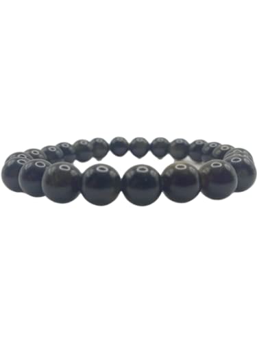 6.5" Black/Gold Obsidian Bracelet Beaded of Stones Elastic, Polished, Decor, Health Benefits