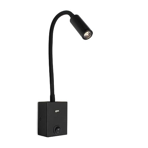 Luz de lectura de pared negra con USB y cuello de cisne flexible 4000K