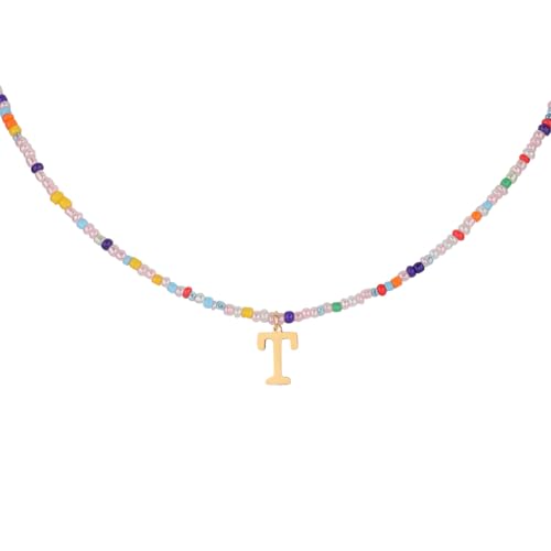 for Women Girls Letter PendantSummer Necklaces, Bohemian Beaded Necklace Colorful Beaded Initial Necklace Handmade Jewelry Gifts for Teens(T)