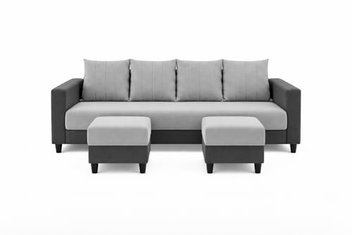 Image of Strikon Plush 6 Seater L Shape Sofa Set with 2 Movable Ottoman | Flexible Layout |Silken Velvet Suede | Designer Sofa for Living Rooms & Office Spaces (Light Grey & Dark Grey)