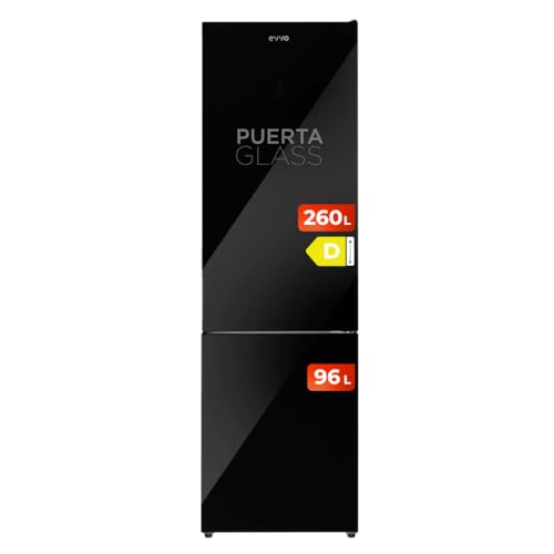 EVVO Frigorífico Combi No Frost, Capacidad Frigorífico 257 L Congelador 94 L, Motor Inverter, 60cm de Ancho, Clase energética D, Multi Air Flow, Luz Interior LED, Panel LED táctil, F60B Glass (Negro)