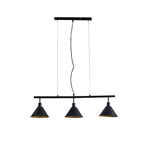 MiniSun Modern 3 Way Suspended Ceiling Light with Matt Black/Gold Metal Cone Shades - Complete with a 4w LED Golfball Bulb [3000K Warm White]