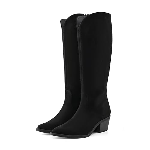 Knee High Boots for Women Cowboy Suede Pointed Toe Tall Mid Stacked Chunky Block Heeled Side Zipper Western Cowgirl Boots4