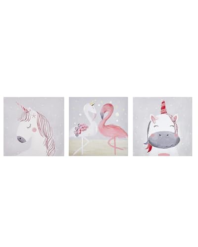 Beliani Conjunto de 3 cuadros en lienzo de poliéster gris rosa 30 x 30 cm ganchos habitación infantil Timia