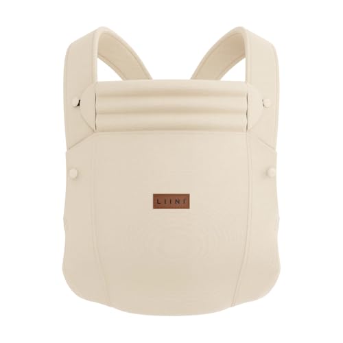 LIINI® Babytrage aus Leinen (Beige) – ab Geburt (3,5 kg) bis 15 kg, verstellbare Träger, Kopfstütze, Klickverschluss, ergonomisch & bequem – CE EN71-3 & SGS EN13209-2