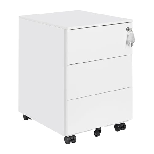Image of HOMSTEEL Mobile File Ccabinet, Filing Cabinet with 1 Lock, 4 Keys, 3 Drawers, Metal Cabinet, Pre-assembled, for Office, Home Office, White
