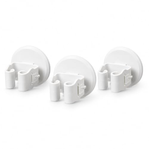 Broom and Mop Holder, Wall Mounted Round Clips, White ABS, No Drill Adhesive, 3 Pieces, Cleaning Tool Organizer for Kitchen, Bathroom, Garage