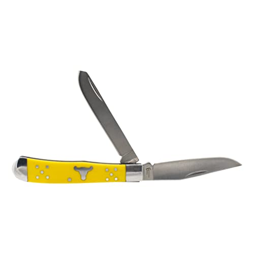 Cattlemans Cutlery Trapper Series Yellow Folding Pocket Knife – 2 Stainless Steel Blades in 1 Knife