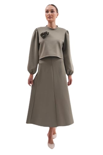dadali Damen Zweiteiliger Anzug mit floralem Detail und Rock, Schwarz, 100% Baumwolle, bequemes und stilvolles Design | khaki - S