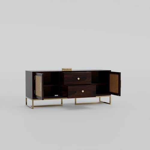 Image of Sheesham Wood Wooden tv Unit for Living Room 55 inch TV Furniture - Entertainment Unit Solid Wood tv Table for Living Room 55 inch TV Console with 2 Drawers, 4 Shelves & Ratan Door