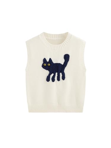 CIDER Womens Sweater Vest Knit Sleeveless Cat Cute Graphic Sweater Vest Tank Top Fall Outfits White
