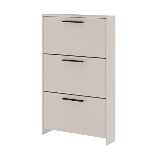 Duérmete Online - Zapatero con 3 Puertas y Patas, Mueble para Zapatos Estrecho, Modelo Alella, Acabado en Color Beige, Medidas: 115,5 cm (Alto) x 68,5 cm (Ancho) x 17 cm (Fondo) Práctico y Funcional