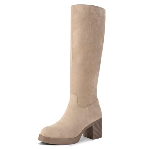 Shoe'N Tale Platform Knee High Boots for Women Block Chunky Heel Round Toe Side Zipper Tall Boots, Khaki, 9