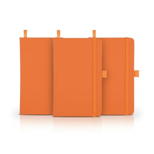 Caderno A5 Capa Dura em PU, 80 Folhas Pautadas na Cor Bege, com Elástico e Suporte para Caneta, Tamanho 21x14,5cm (3, Laranja)