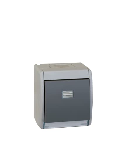 SIMON - Interruptor Conmutador de superficie, Serie Simon 44 Aqua, 230V 10A, Interruptor Táctil de Pared, Apto para Exteriores, Fácil de Instalar, Incluye Caja, Tapa y Mecanismo, Color Gris