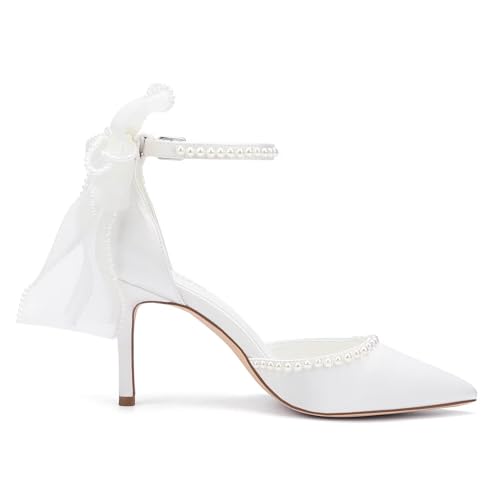 High Heel Wedding Shoes for Bride Pointed Toe Bridal Shoes Pearl Heels Bow Tie Back Wedding Heels4