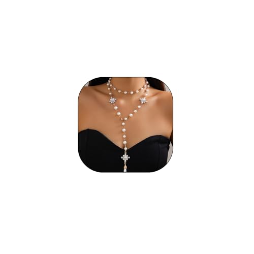 Long Pearl Tassel Chain Necklace Gold/Silver Plated CZ Cross Pendant Necklace Faux Pearl Beaded Long Chain Y Lariat Necklace Layered Pearl Cross Necklace for Women