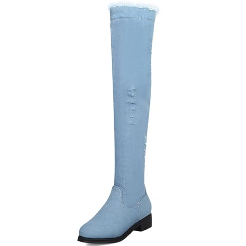 Bottes en denim pour femmes d'automne à talons bas au-dessus du genou