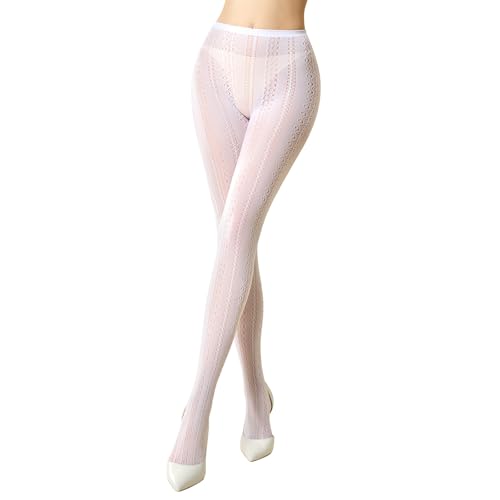 MANZI Women's Hollow Out Knitted Patterned Tights White Lace Fishnet Stockings Vertical Strips Pantyhose with High Waist