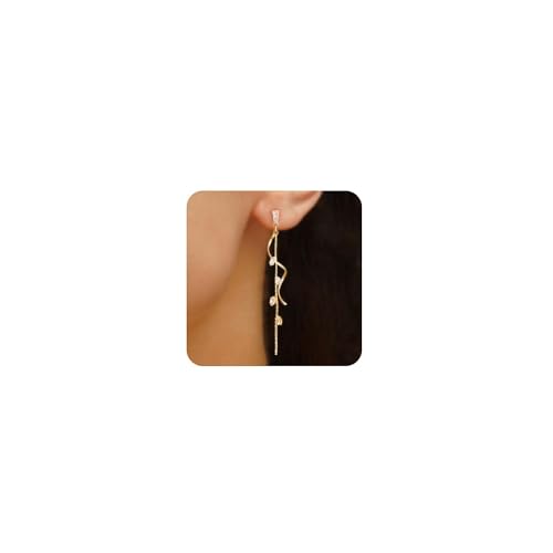 HANLI Colgar Largo Pendientes Dorados Mujer Baño Oro de 14Kt Zirconia Cúbica Antialergicos Minimalistas Joyas para Mujer
