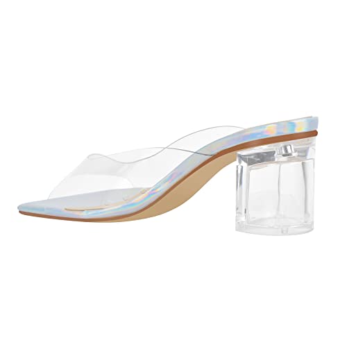 dollskiss Women's Holographic Transparent Chunky Heel Square Toe Sandals Mules2