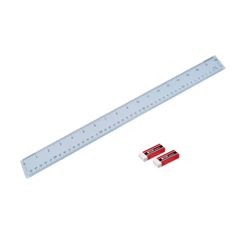 Hainenko Clear Plastic Ruler 50cm And Eraser Set, Shatter Resistant Ruler, 2 pcs Latex-Free Eraser Rubber