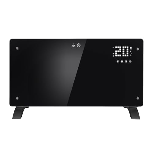 Electric Glass Panel Heater 1000W/2000W, Wall-Mounted & Freestanding Smart Convection Heater with LED Touch Display, Remote Control, Overheat Protection, Child Lock, for Bedroom, Home, Office Black