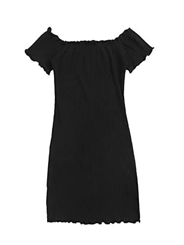 SOLY HUX Girl s Off Shoulder Short Sleeve Lettuce Trim Bodycon Short Dress Black 10Y
