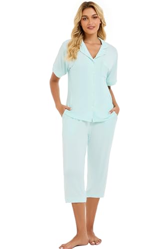 Image of LUBOT Womens Bamboo Viscose Pajamas for Women PJ Set 2 Piece Cooling Soft Short Sleeve Capri Pants Summer Sleepwear Set S-XXL